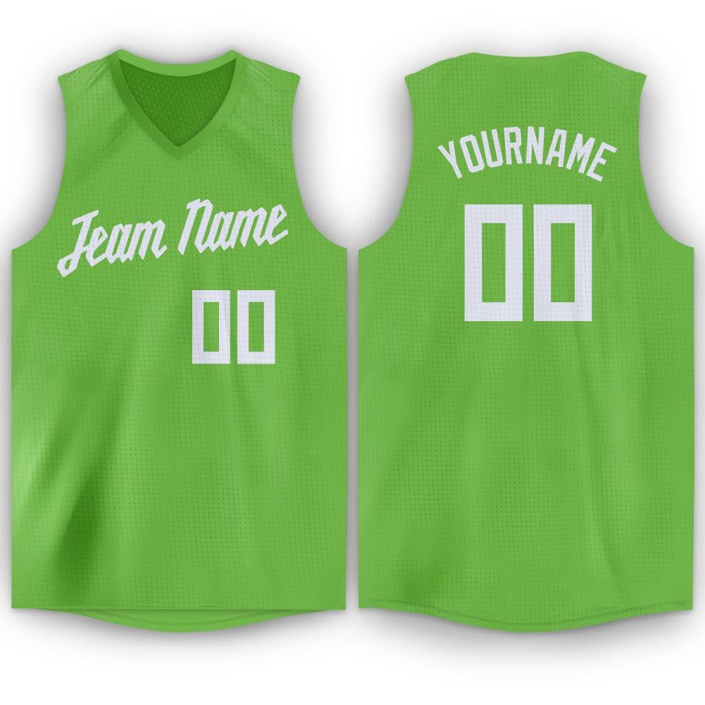 Men's Custom Neon Green White V-Neck Basketball Jersey